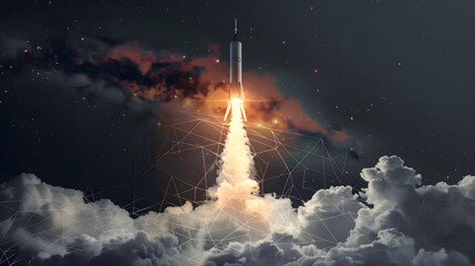 Rocket launching into space with clouds of smoke, low poly style design, abstract geometric background ideal for space exploration themes with copy space.