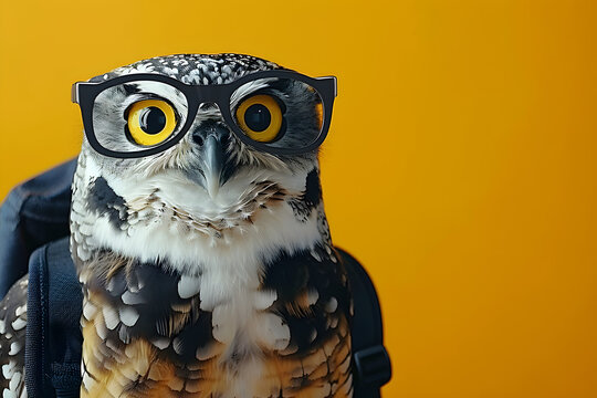 An amusing depiction of a bespectacled owl with a nerdy demeanor clutching a school bag against a cheerful yellow background perfect for educational or back-to-school themes.