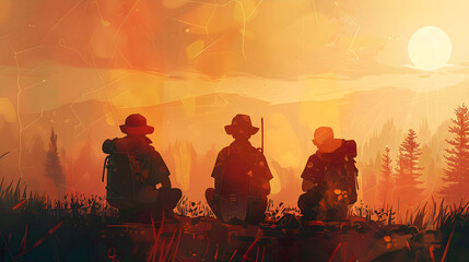 Three people sit in silhouette against a sunset in the mountains, creating a serene outdoor scene ideal for adventure, relaxation, and togetherness-themed designs. Copy space included.