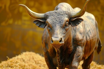 Naklejka premium Majestic bronze bull sculpture representing strength and power as a symbol of bullish investment and prosperity in the stock market. With golden horns and a metallic texture