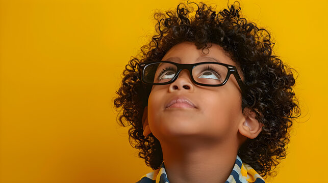 back to school concept, photo of an african american boy with curly hair and glasses, looking up thoughtfully against a bright yellow background, with copy space.