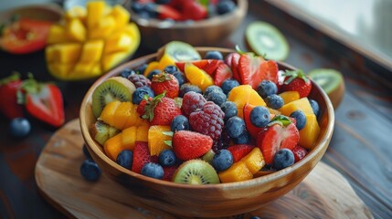A bowl of mixed fruit including strawberries, blueberries, and kiwi. The bowl is on a wooden table