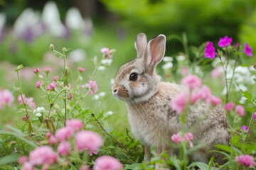 Fototapeta premium Calm rabbit nestled in vibrant pink flowers and lush greenery