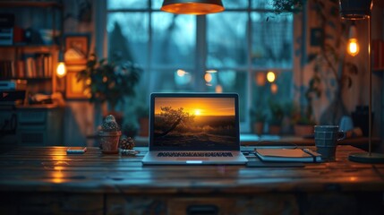 There is a laptop computer sitting on a table in front of a window
