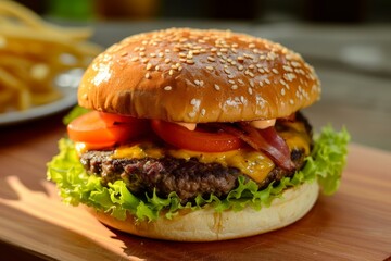 Close-up of a cheeseburger with bacon, tomatoes, and lettuce on a sesame bun, served with fries