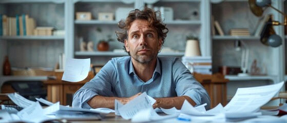 Businessman at desk, head in hands, financial papers scattered, clear white background, natural lighting