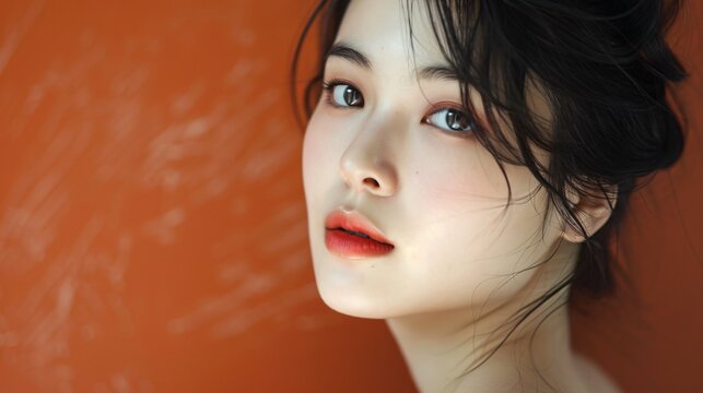 Elegant Asian woman with black hair, dark white and light crimson tones, orange background, 32k uhd
