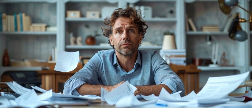 Businessman at desk, head in hands, financial papers scattered, clear white background, natural lighting