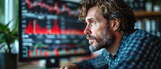 Fototapeta premium Businessman staring at computer screen, showing red financial numbers, clear white background, natural lighting