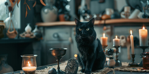 Modern Kitchen Transformed for Pagan Ritual with Chalice, Altar Cloth, Candles, and Black Cat