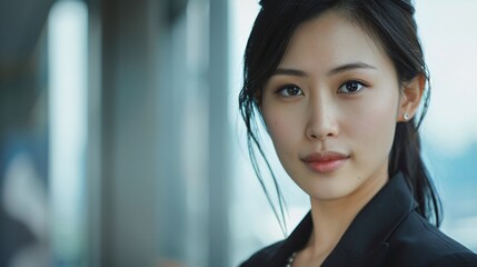 Fototapeta premium Subtly colored Asian businesswoman, black hair, workplace attire, timeless beauty, 32k uhd