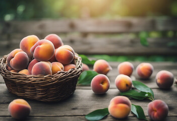 organic peaches in freshly picked basket on old wooden table, organic agriculture advertisement, copy space for text
