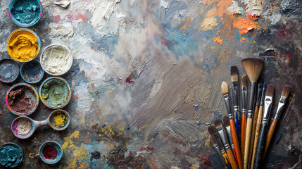 Fototapeta premium Colorful paint palettes and brushes on textured surface. Copy space