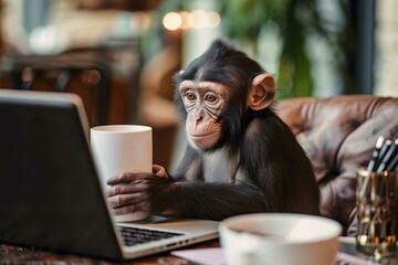 Young chimpanzee sits at a desk with a laptop and a white mug, mimicking human behavior