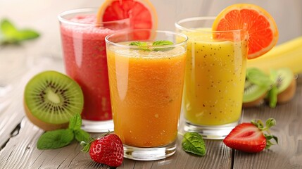 Three glasses of fruit juice with a strawberry on the right. The juice is orange, red, and yellow