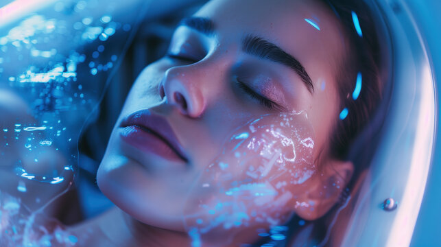 Advanced Beauty Technology: Close-Up of a Woman Sleeping in a Cryopod, Futuristic Concept