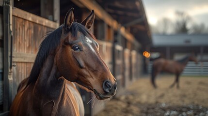 Fototapeta premium Horses are standing in a barn with a fence and a sky background, Animal background