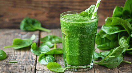 A glass of green juice with a green straw in it. The juice is made from spinach