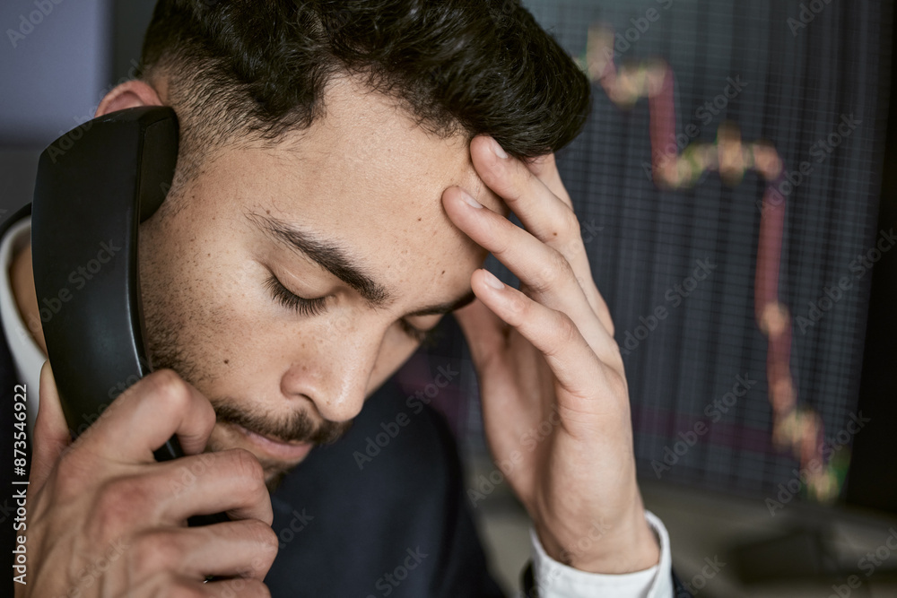 Poster stress, phone call and business man at desk for investment mistake, error or stock market problem in