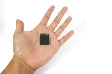 SD card placed on the palm of the hand. isolated on white background