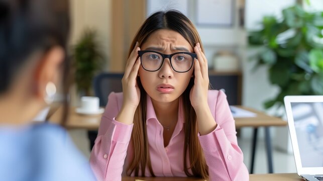 Nervous job applicant woman sweating during interview, unprepared and unable to answer in office room