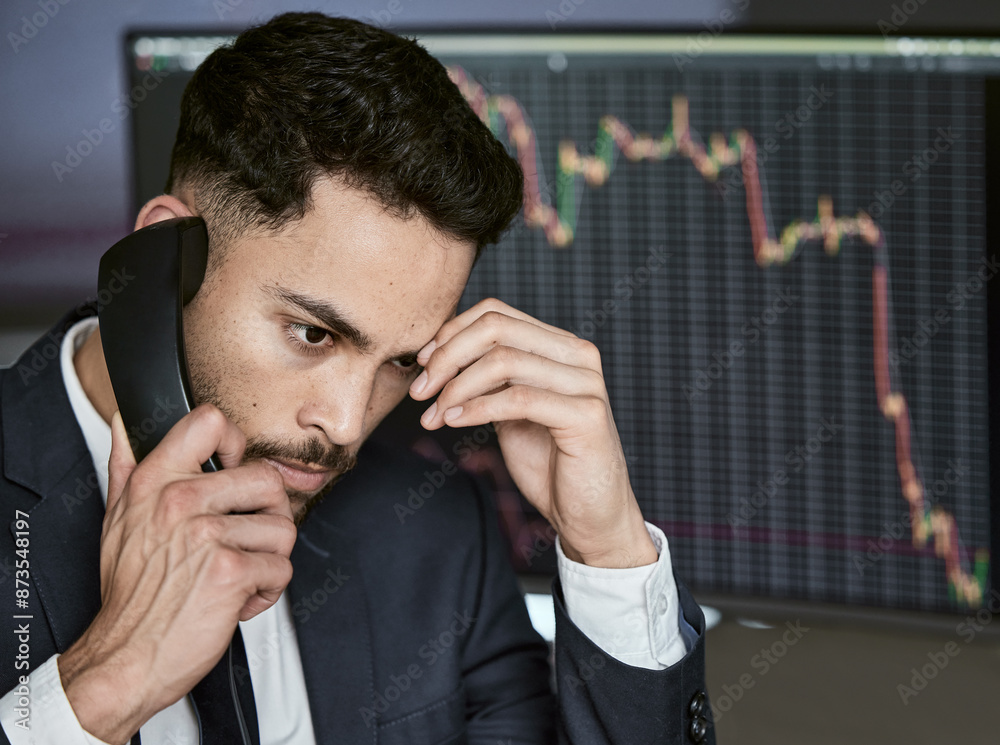 Poster stress, computer screen and business man with phone call for investment mistake, error or stock mark