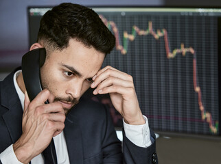 Stress, computer screen and business man with phone call for investment mistake, error or stock market problem in office. Analytics, anxiety and trader for financial crisis, discussion or statistics