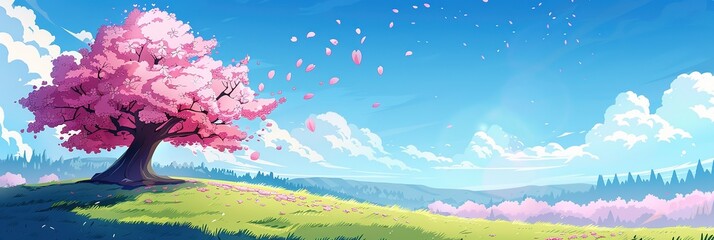 sunny spring landscape with blossoming tree on the hill. anime style cartoon