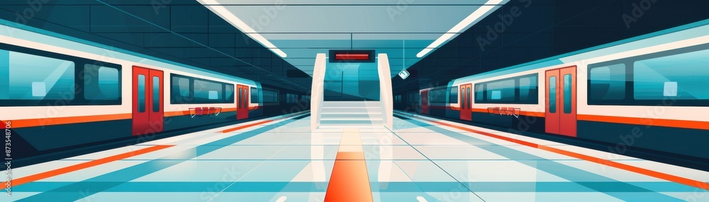 Wall mural modern underground metro station with futuristic design, featuring sleek platform, and vibrant red a