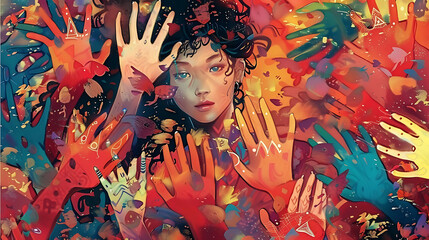 Woman Surrounded by Colorful Handprints. Art, Diversity, and Expression