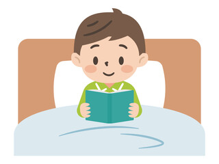 ベッドで読書を楽しむ男の子のイラスト