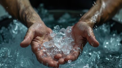 Fototapeta premium Hands resting on the sides of the ice bath feeling the chill and using it as a focal point to anchor the mind.