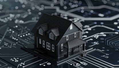 Fototapeta premium A digital rendering of a black house on a circuit board. AI.
