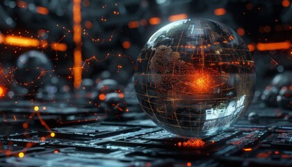 Digital world globe rotating over motherboard showing futuristic technology
