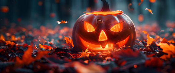 Fototapeta premium A pumpkin with a scary face is sitting on a pile of leaves