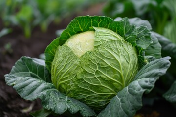 Obraz premium Close-up of a dew-covered green cabbage head against a soft-focus background of fertile soil