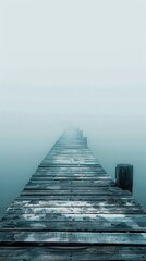 Fototapeta premium A wooden dock extending into a foggy lake. AI.