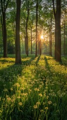 A beautiful shot of a forest with long grass and flowers in the foreground and sunlight streaming through the trees. AI.