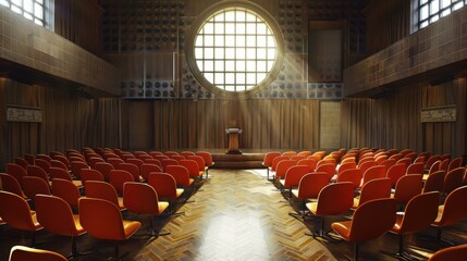 Naklejka premium Rows of empty orange chairs face a stage with a large round window above it. AI.