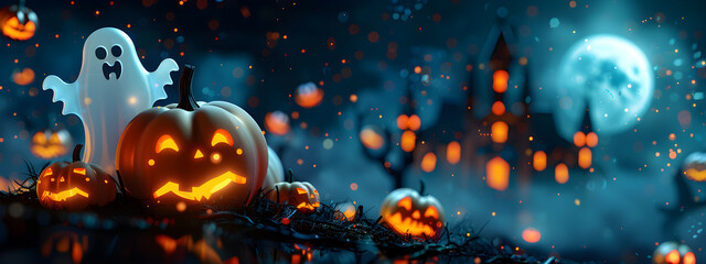 Fototapeta premium A Halloween scene with a ghost and pumpkins