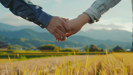 田舎で手を繋ぐカップル