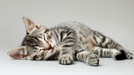 Obraz premium Adorable American Shorthair Kitten Sleeping Peacefully on a White Background – Hyper Detailed Photograph for Pet Lovers