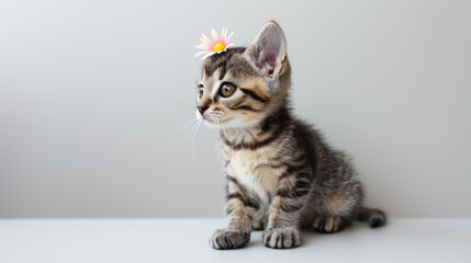 American Shorthair Kitten with Flower on Head, Hyper Detailed Photograph, Classic Coat Patterns, White Background