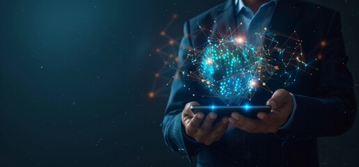 Businessman holding smartphone with hologram of digital globe for global business strategy