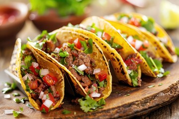 A plate of four tacos with meat, onions, and tomatoes. The tacos are on a wooden table