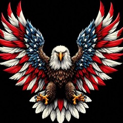 sea eagle spreads wings with feather in red and white color. america flag