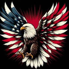 sea eagle spreads wings with feather in red and white color. america flag