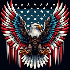 sea eagle spreads wings with feather in red and white color. america flag
