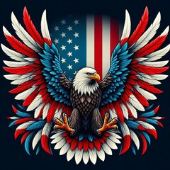 sea eagle spreads wings with feather in red and white color. america flag