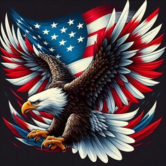 sea eagle spreads wings with feather in red and white color. america flag